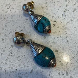 Sterling and turquoise earrings with a coral bead